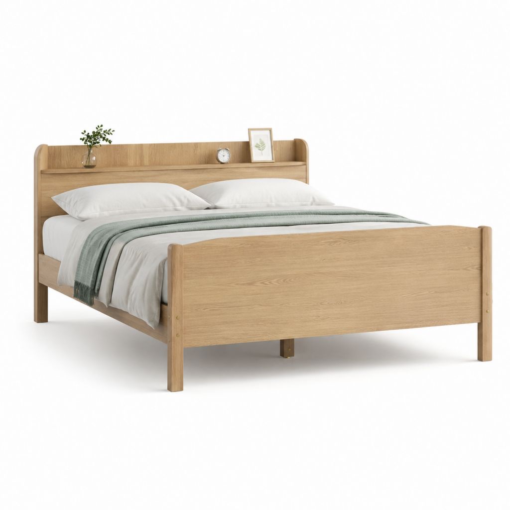 Doppelbett Bettgestell Eichenholzoptik MDF 160 x 200 cm mit Kopfteil und Ablage