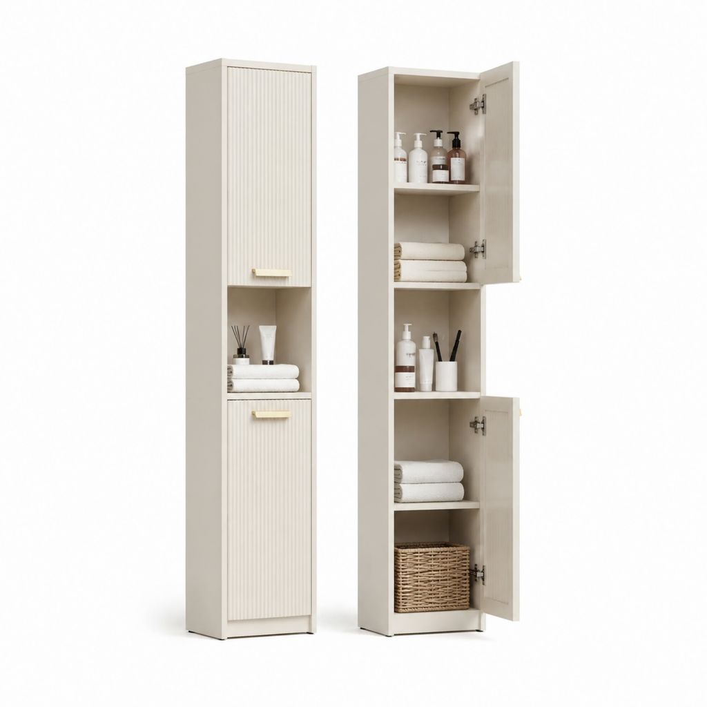 Badezimmer Hochschrank Cremeweiß MDF rechteckig 180 x 30 x 30 cm mit 2 Türen und offenem Fach