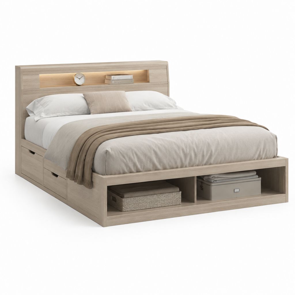 Doppelbett Bettgestell Hell Eiche Dekor aus Spanplatte und MDF rechteckig mit Stauraum und LED-Beleuchtung 160 x 200 cm