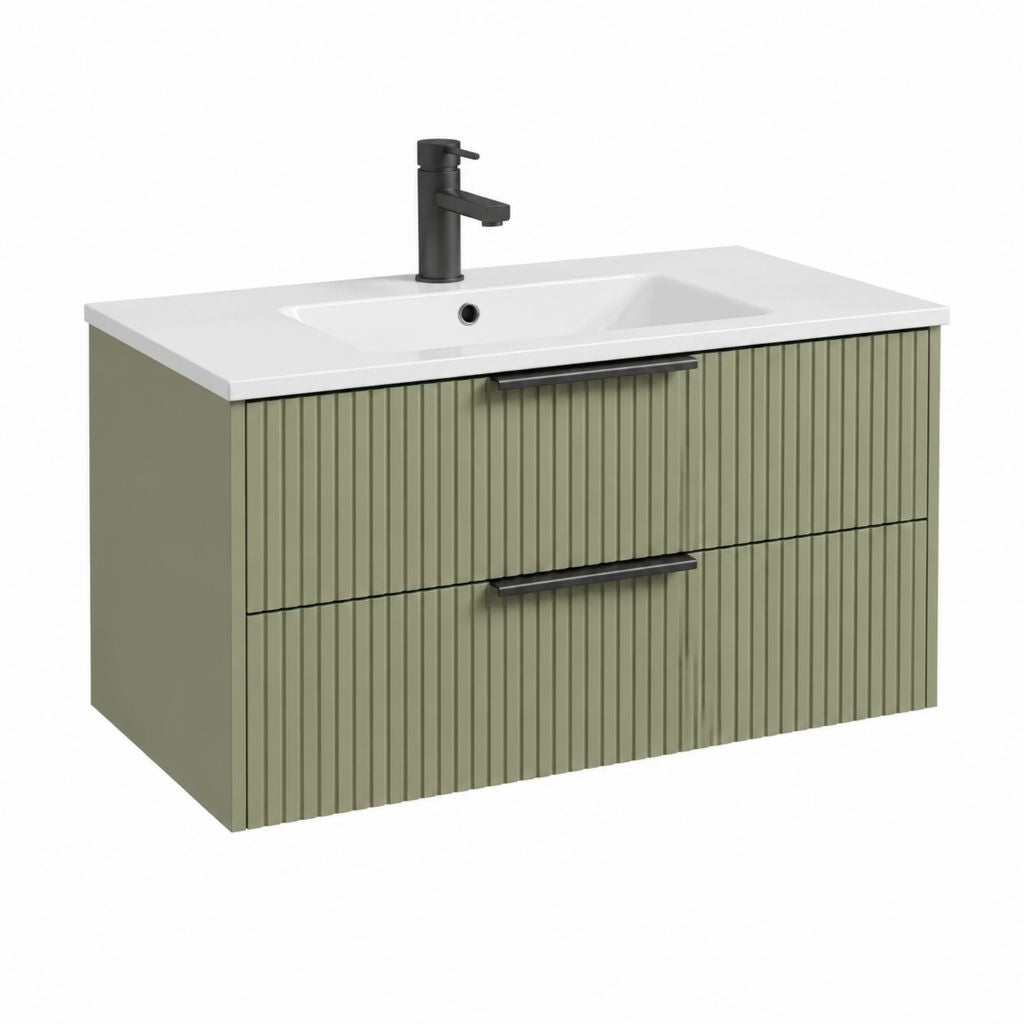 Waschtischunterschrank Set 80 cm Olivgrün MDF rechteckig mit Keramikwaschbecken 2 Schubladen