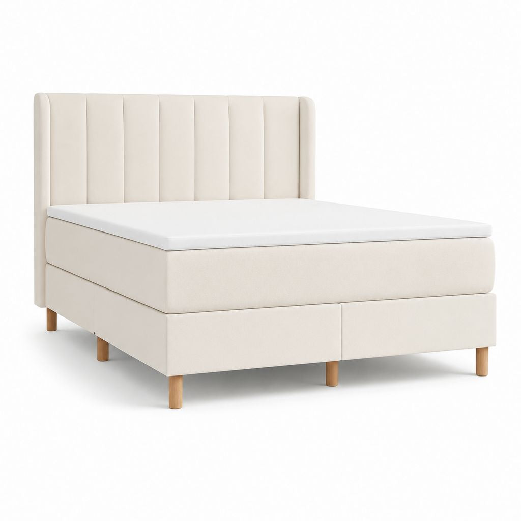 Polsterbett Doppelbett Cremeweiß mit Polyesterbezug und Massivholzfüßen 180 x 200 cm