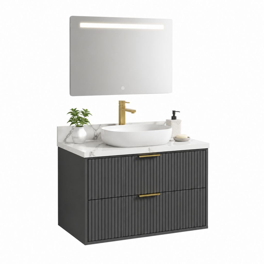 Waschtischunterschrank Set Anthrazit MDF mit Keramik Aufsatzwaschbecken und LED Spiegel 80 x 46 x 50 cm