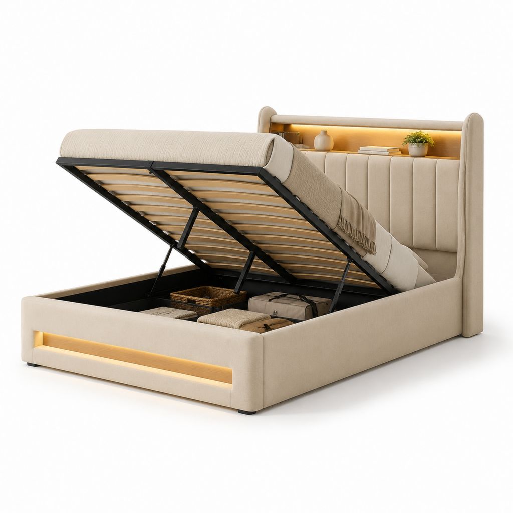 Polsterbett Doppelbett Beige aus Polyester rechteckig 160 x 200 cm mit Stauraum und LED-Beleuchtung